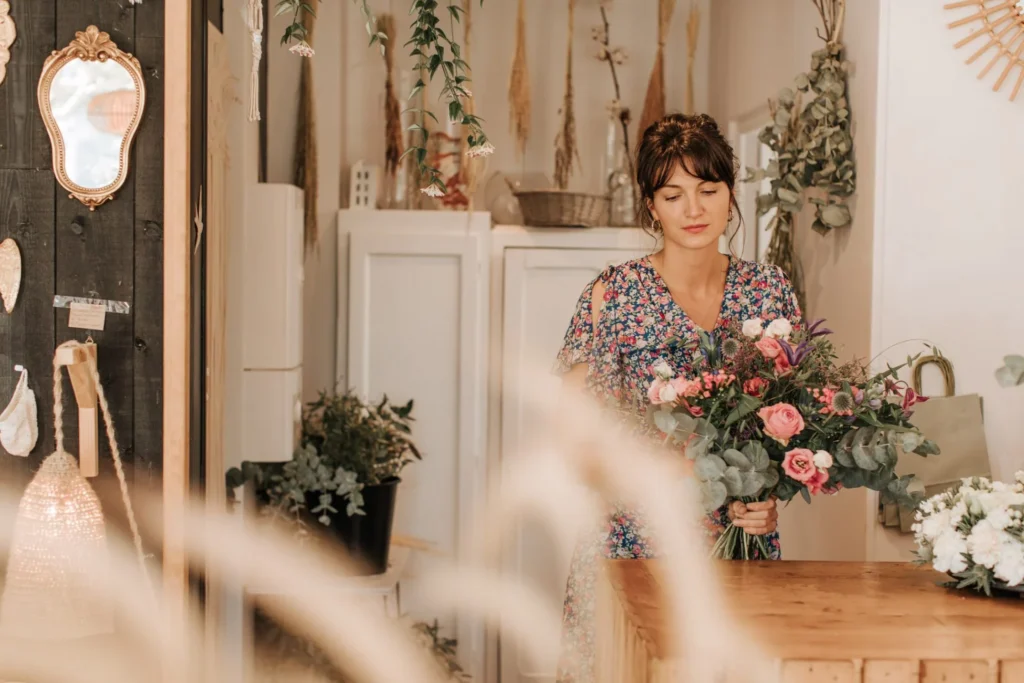 Une Fleuriste dans sa boutique atelier à Pleurtuit, Canopée propose des bouquets et compositions florales.