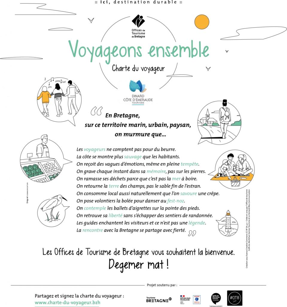 la charte du voyageur de Bretagne créée par la Fédération des offices de tourisme de Bretagne. Si vous souhaitez agir pour un tourisme responsable et explorer la Bretagne, nous vous invitons à devenir des ambassadeurs de la Charte du Voyageur. Vacances responsables
