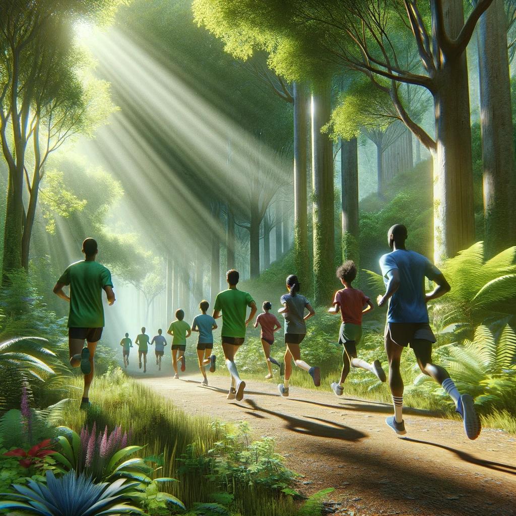 Image digitale créée avec DALL-E représentant des Coureurs Dans La Forêt pour illustrer la course pédestre T'Rance Minihic qui a lieu au Minihic-sur-Rance, sur les bords de Rance.