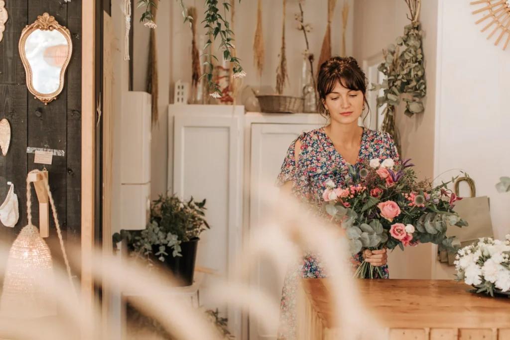 Boutique Canopée à Pleurtuit. La fleuriste Laura compose un bouquet de fleurs dans sa boutique située dans le centre ville.