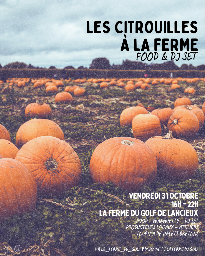 Affiche pour l'événements Halloween "Les Citrouilles A La Ferme" à Lancieux représentant un champ de citrouilles.