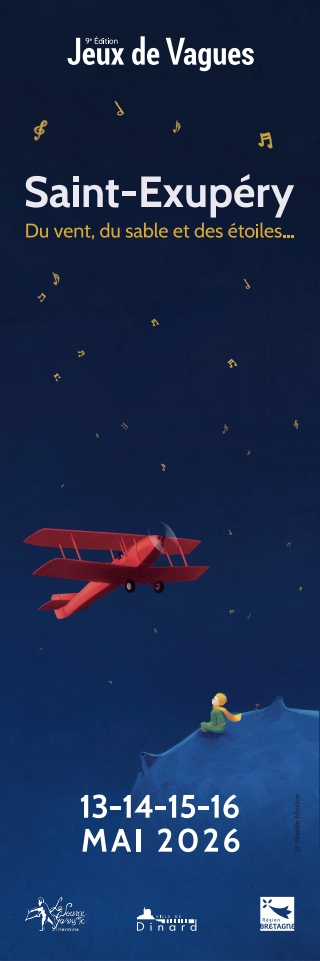 Affiche pour le festival Jeux De Vagues 2026 au format marque page représentant le personnage du Petit Prince de Saint-Exupéry assis sur sa planète qui regarde un avion rouge qui passe au dessus de lui.