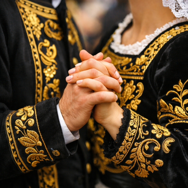 Un Couple En Habits Traditionnels Bretons Se Tiennent La Main En Dansant. Plongez dans l'ambiance du fest-noz en Bretagne.