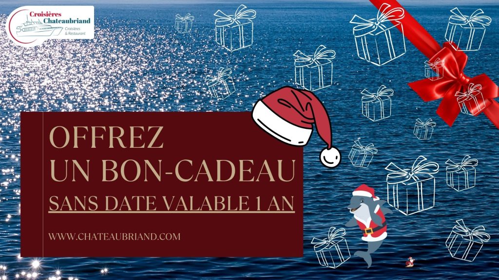 Photo d'une mer scintillante sous le soleil. Dessus, apparaissent des dessins de cadeaux blancs, flottant autour d’un grand ruban rouge noué en haut à droite. Deux éléments graphiques festifs complètent la scène : un bonnet de Père Noël dessiné sur le coin supérieur droit de l’encart bordeaux, et une illustration d’un dauphin en costume de Père Noël situé vers le bas à droite du visuel.
À gauche, un grand encart rectangulaire bordeaux contient un texte en lettres dorées :
« OFFREZ UN BON-CADEAU – SANS DATE VALABLE 1 AN », suivi de l’adresse WWW.CHATEAUBRIAND.COM.