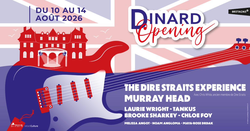 Affiche festival Dinard Opening aux tons bleus et rouge rappelant le drapeau britannique. Une illustration au premier plan représente une guitare et au second plan le manoir de Port Breton. Sur la partie droite de l'affiche, les noms des artistes programmés au festival